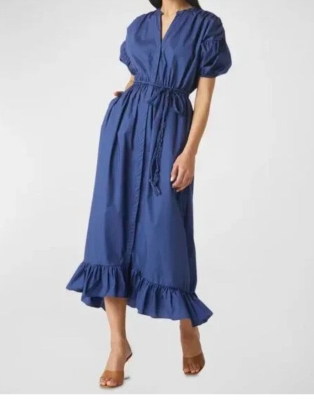 MISA Los Angeles Amarine Puff-Sleeve Tie-Belt Cotton Midi Dress